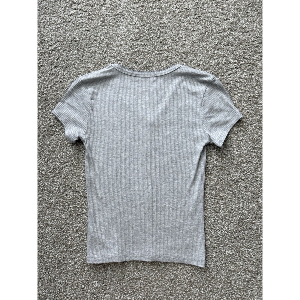 Gray Rib Knit Henley Tee Women's Medium Preppy Classic Y2K Minimalist - Picture 2 of 5